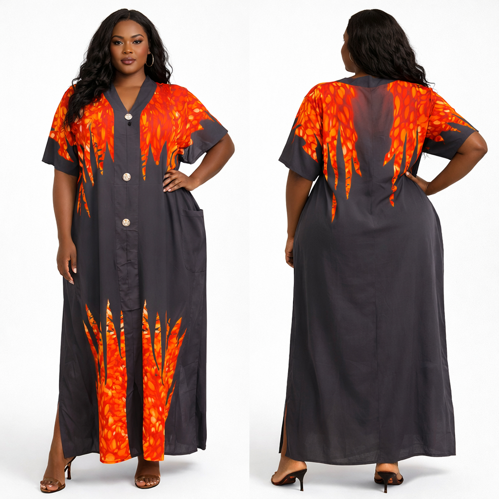Women Orange and Black Button Front Kaftan Dress