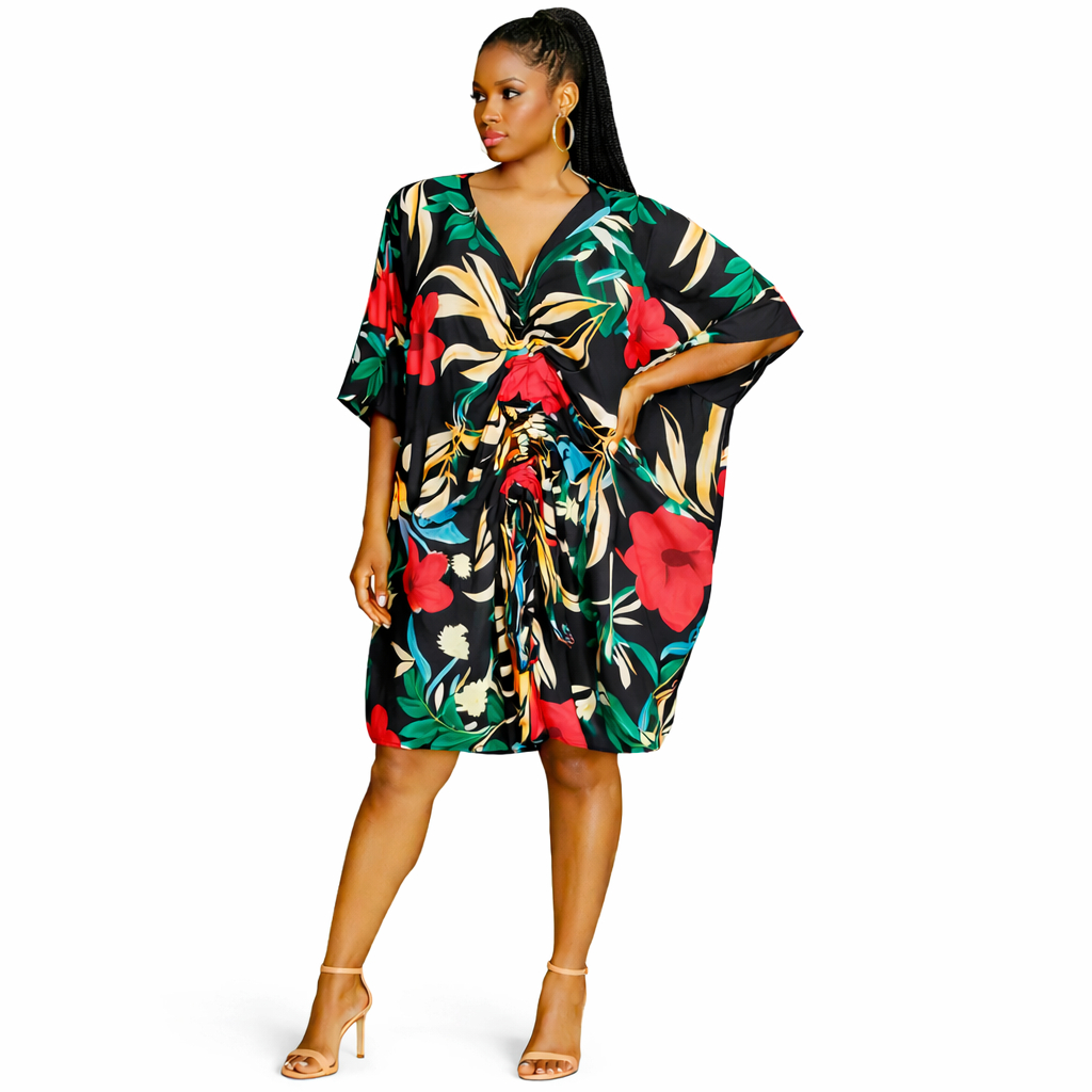 Tropical Bloom Front Tie Kaftan Dress
