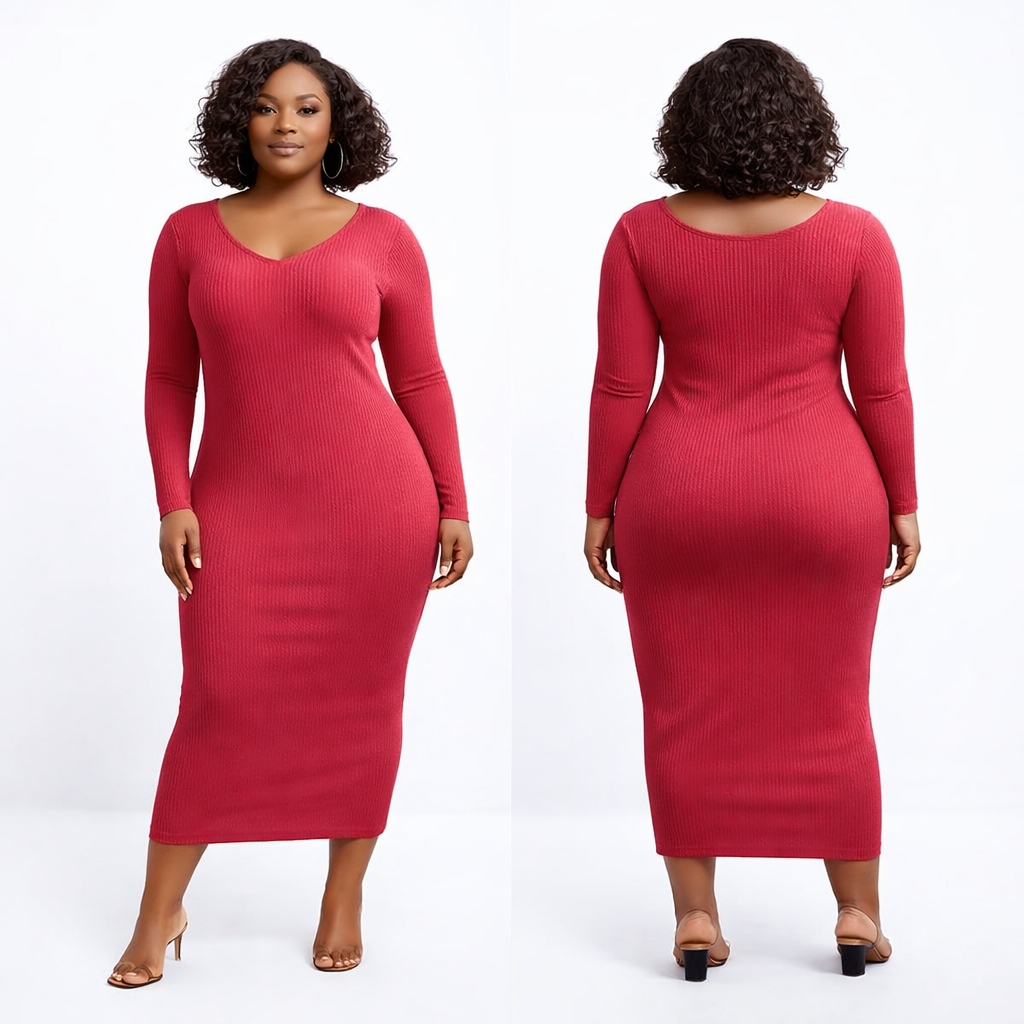 Deep Red Elegant Ribbed Bodycon Midi Dress