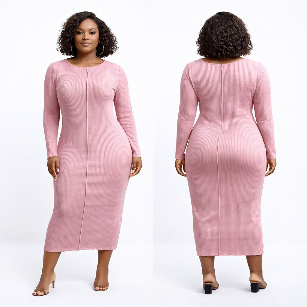 Blush Pink Ribbed Bodycon Midi Dress