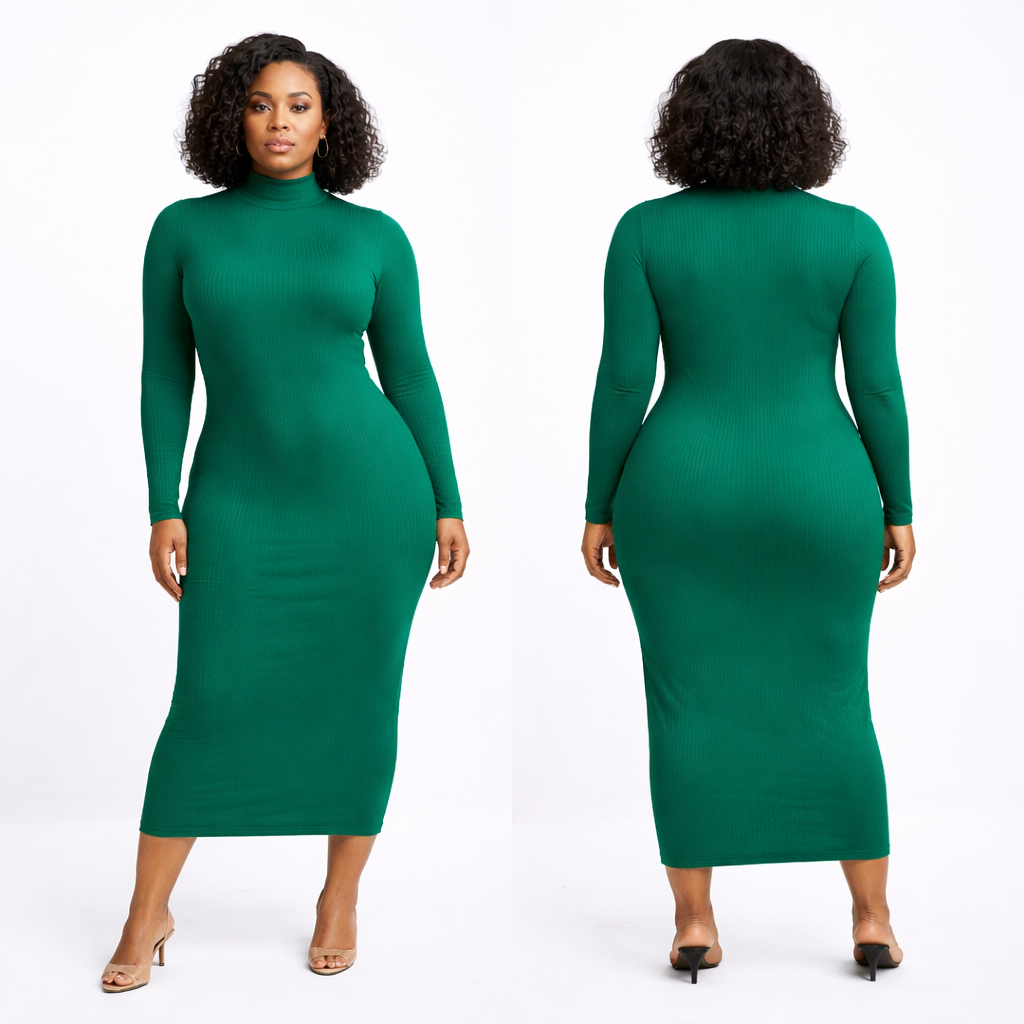 Emerald Green Ribbed Turtleneck Maxi Dress