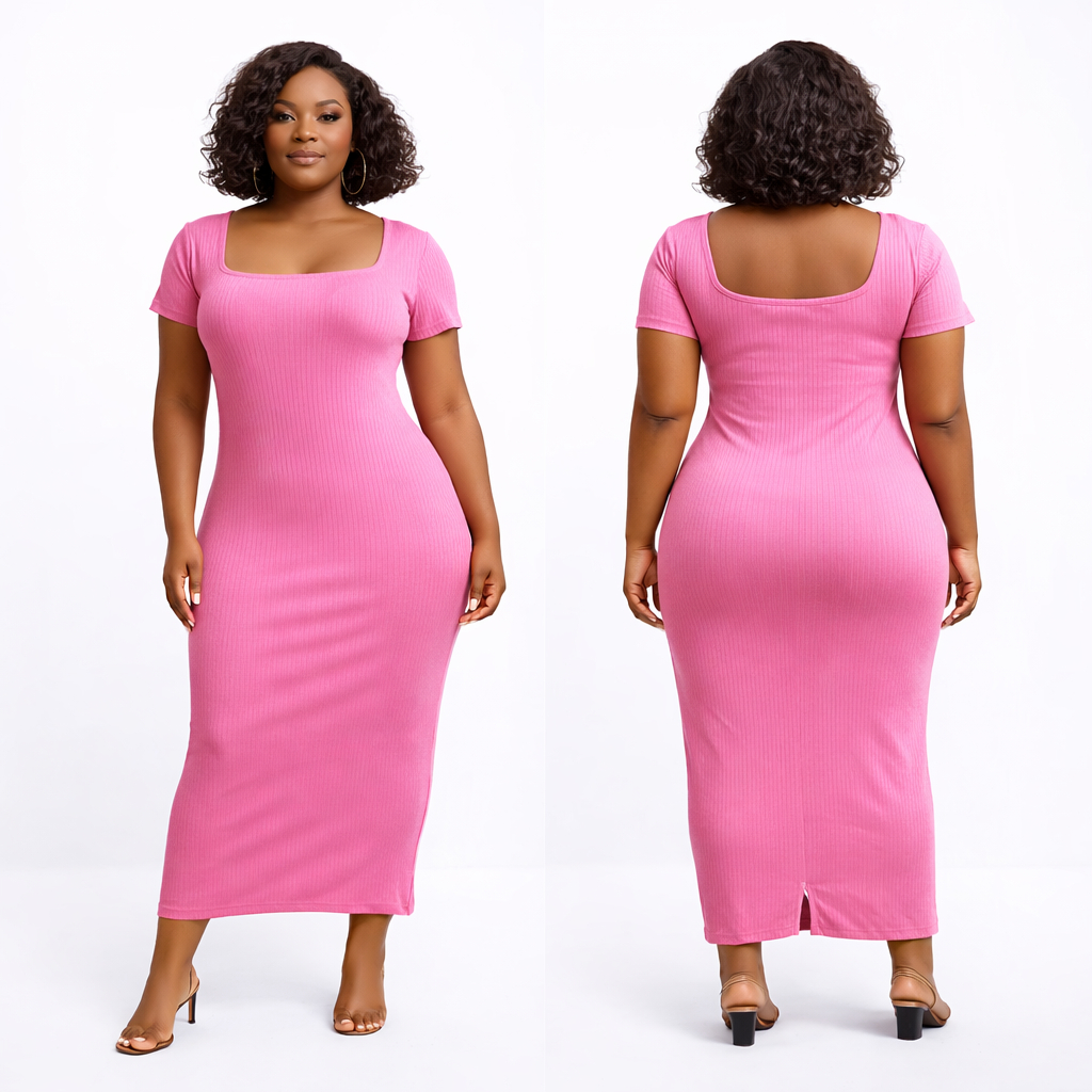 Pink Ribbed Square Neck Midi Dress