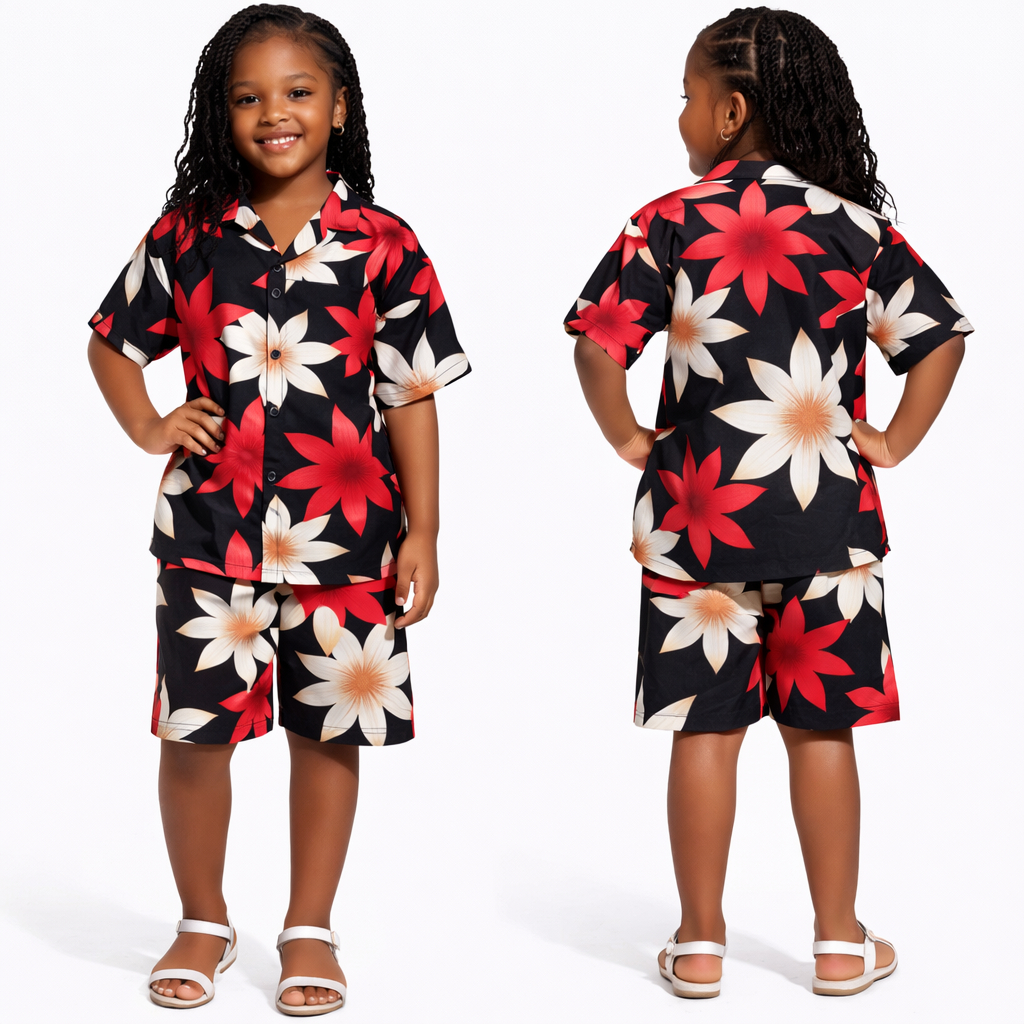 Black Floral Print Kids Unisex Two Piece Set