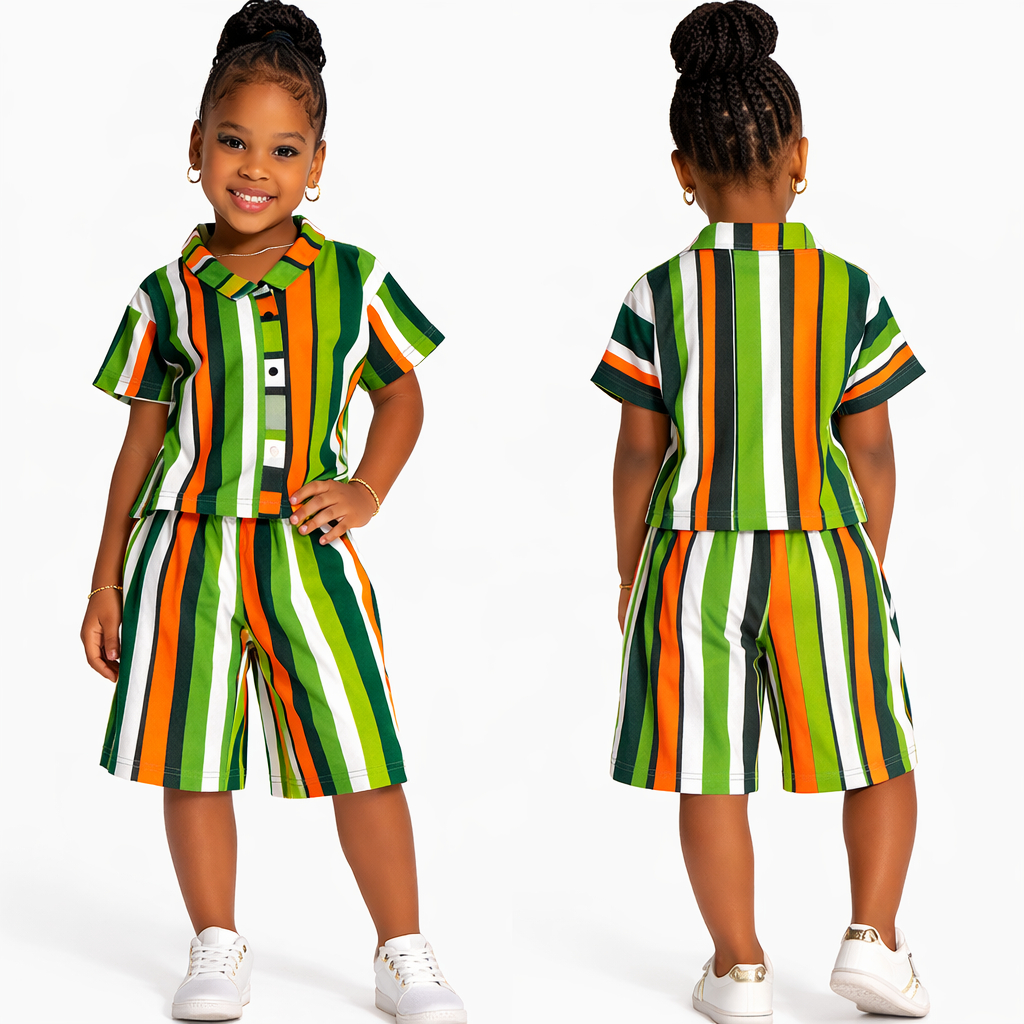 Green and Orange Stripe Kids Unisex Two Piece Set