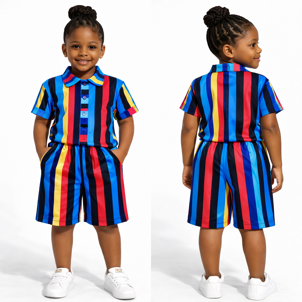Blue Multicolor Stripe Kids Unisex Two Piece Set