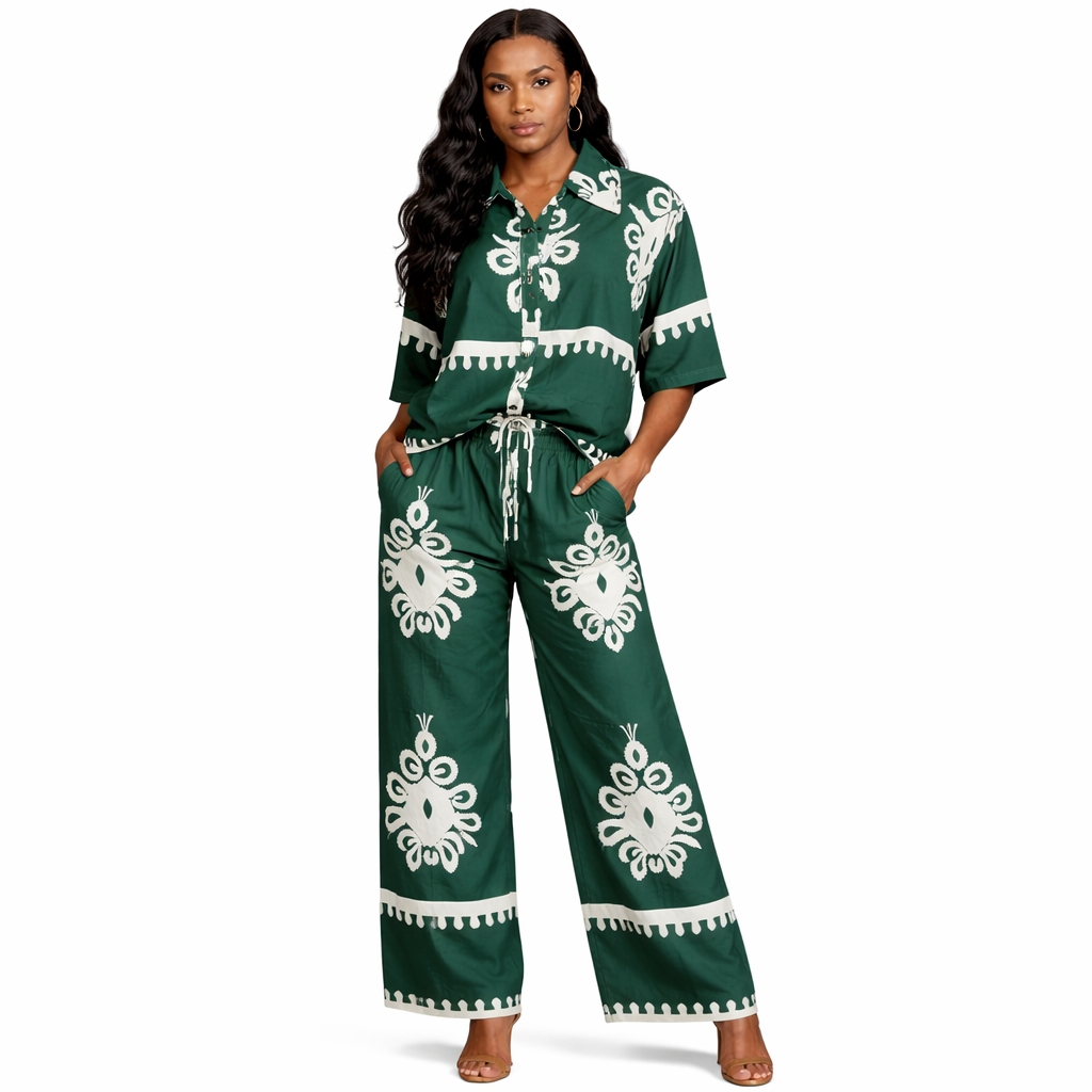 Green Patterned Long Sleeve Shirt and Wide Leg Pants Two Piece Set