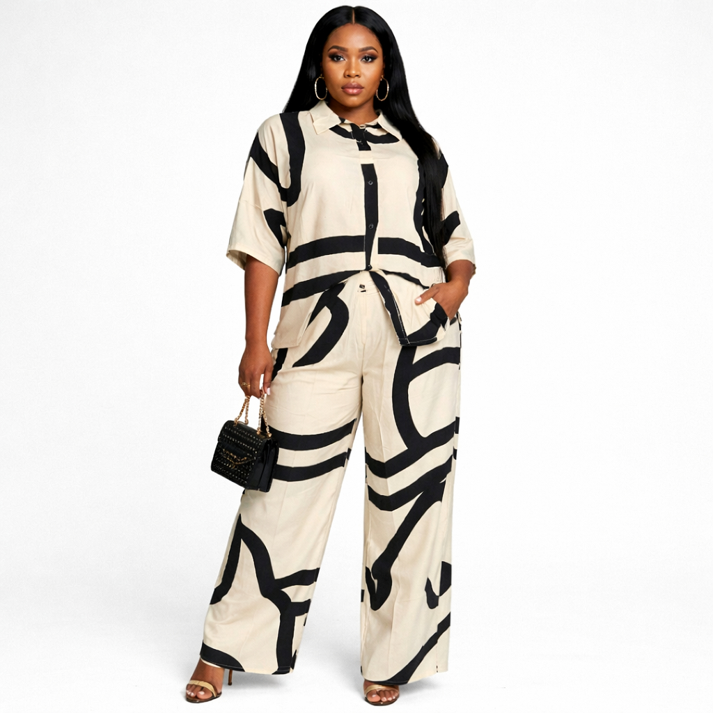 Abstract Print Two Piece Shirt and Wide Leg Pants Set