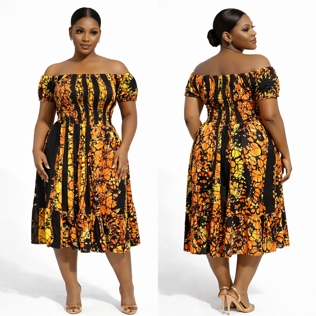 Elegant Women Off Shoulder Ankara Print Flared Midi Dress