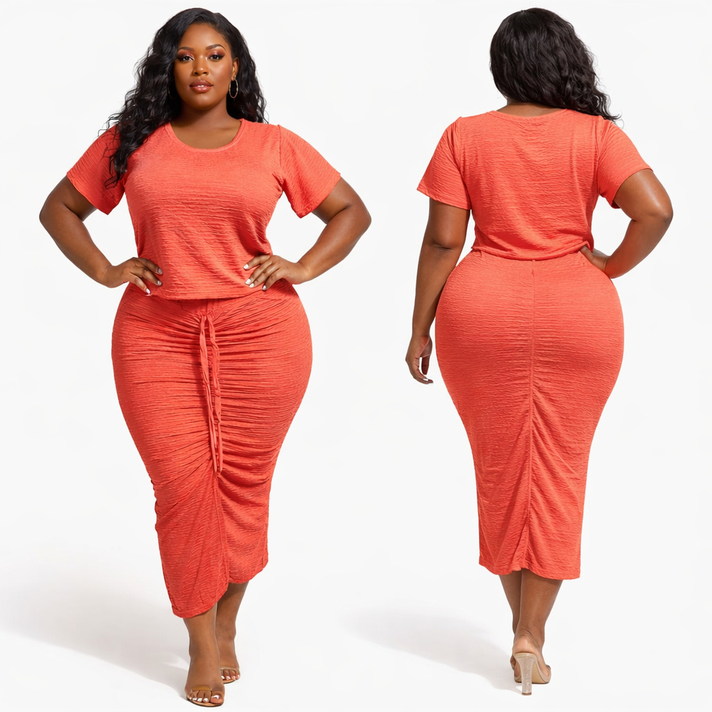 Coral Textured Womens Two Piece Midi Skirt Set