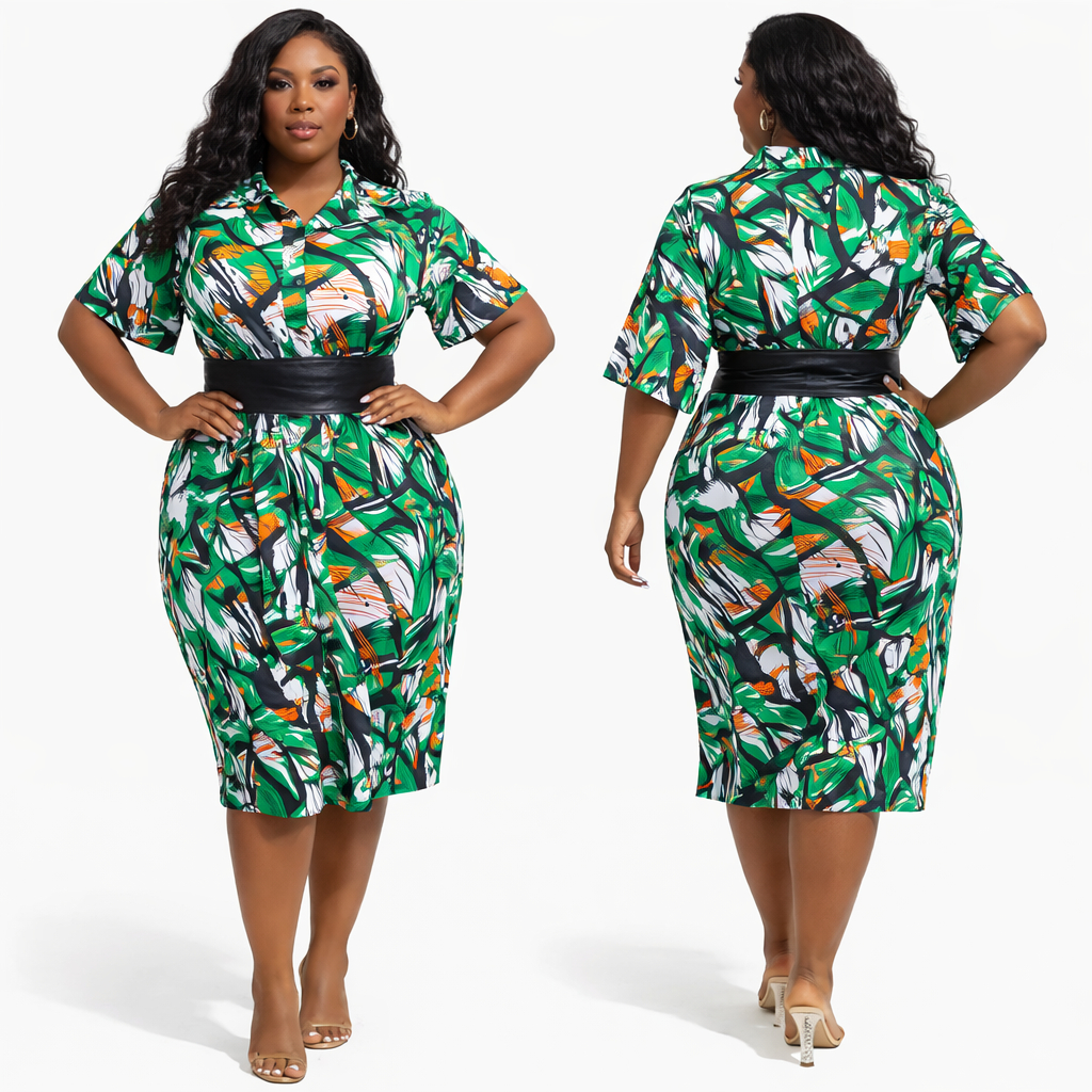 Green Abstract Print Womens Knee Length Shirt Dress