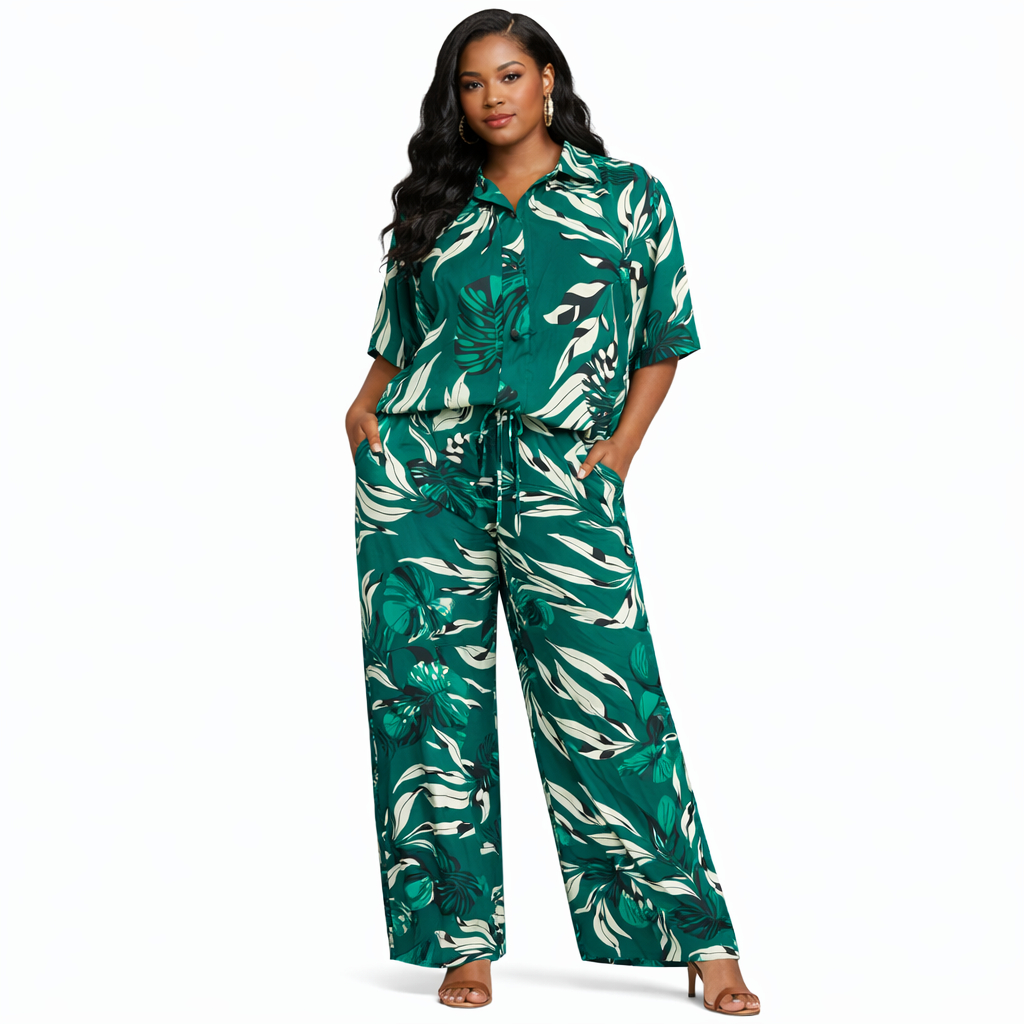 Green Tropical Leaf Print Two Piece Lounge Set