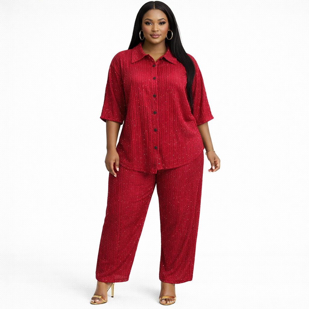 Womens Red Textured Button Front Two Piece Outfit Set