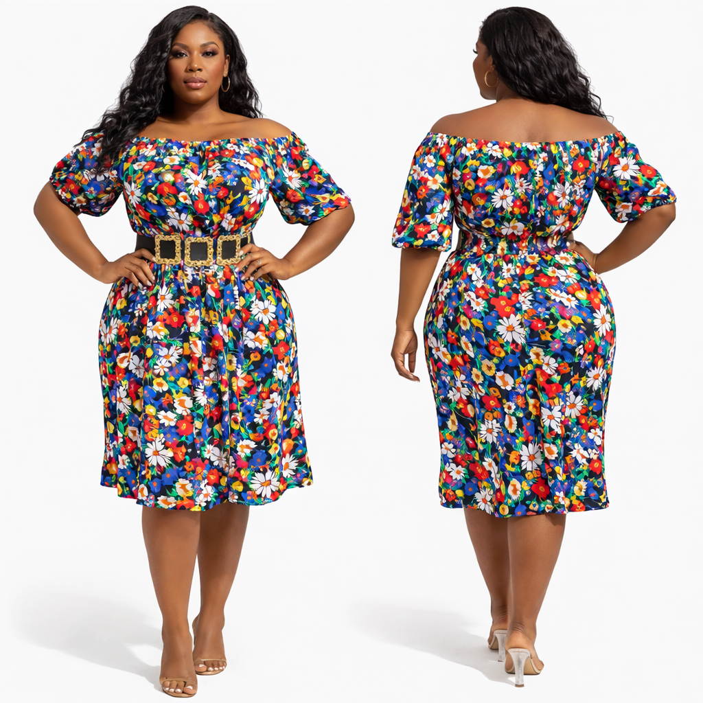 Multicolor Floral Print Womens Off Shoulder Knee Length Dress