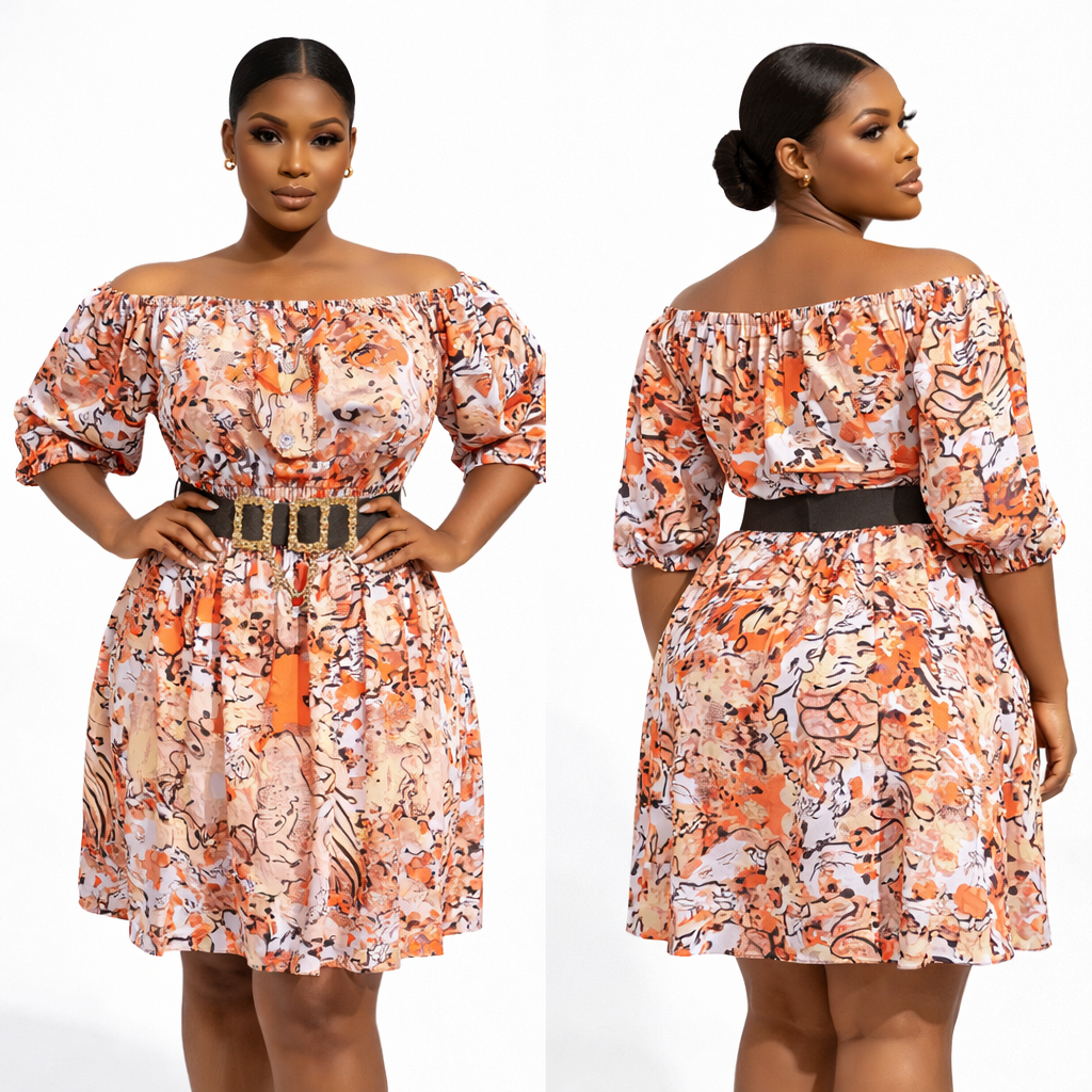 Orange Abstract Print Womens Off Shoulder Knee Length Dress