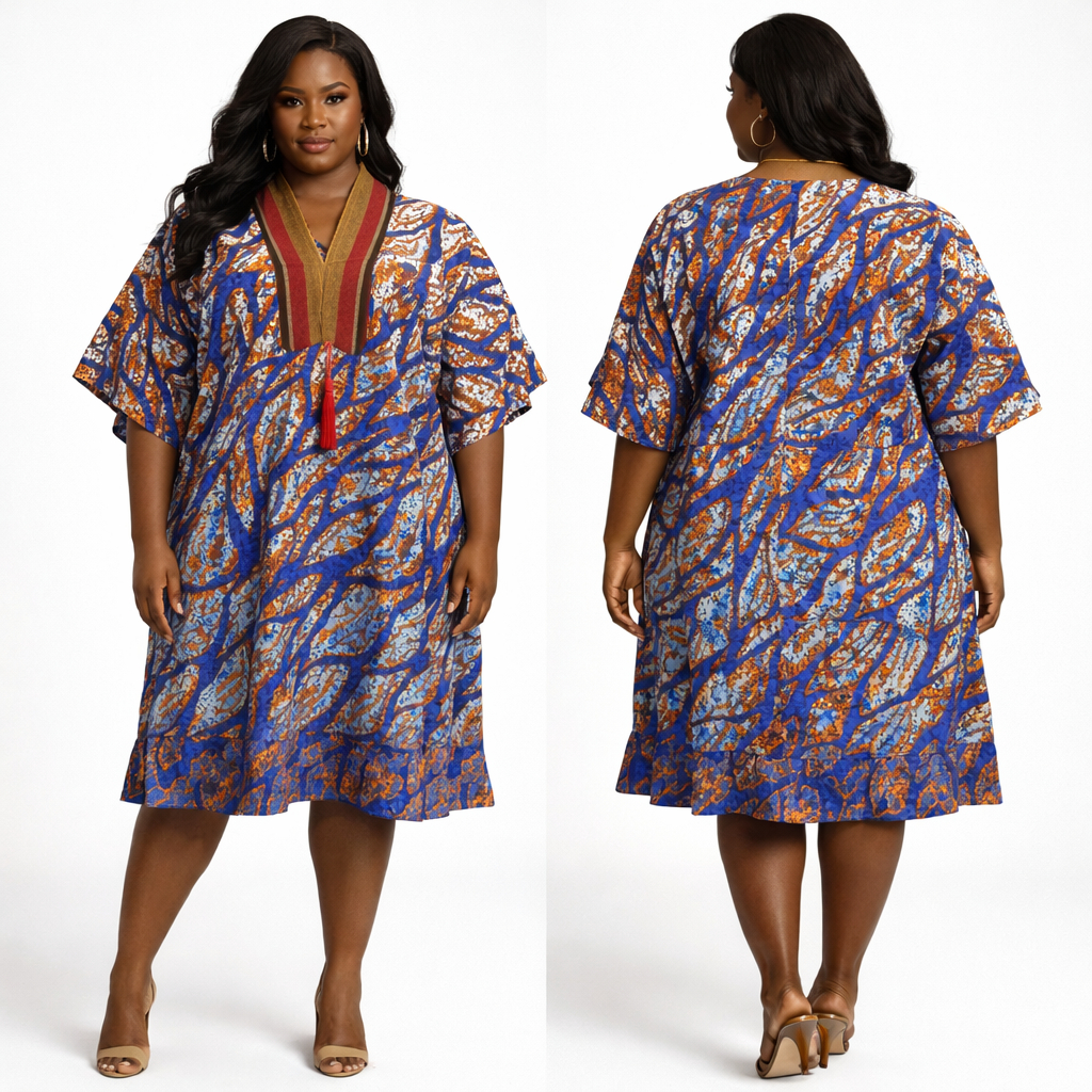 Blue Tribal Print Womens Knee Length Kaftan Dress