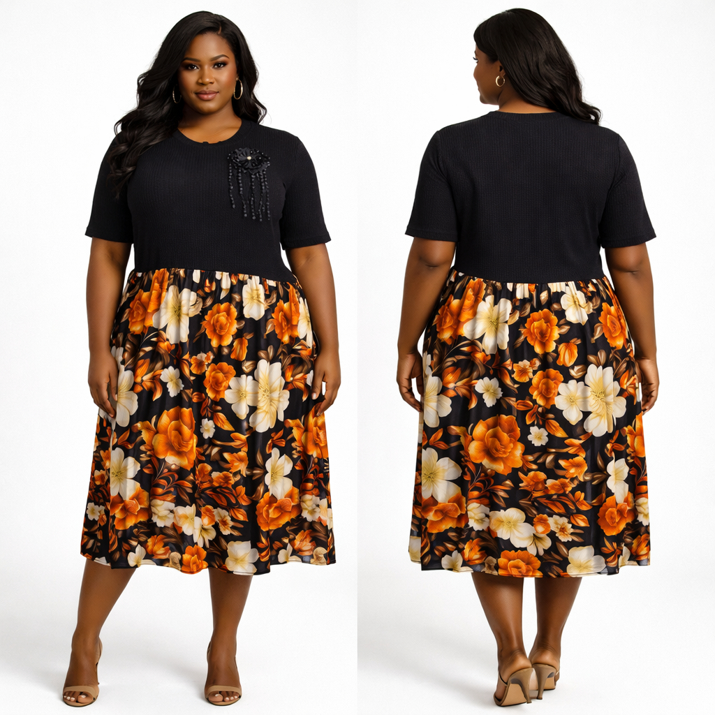 Black Floral Print Women Midi Dress