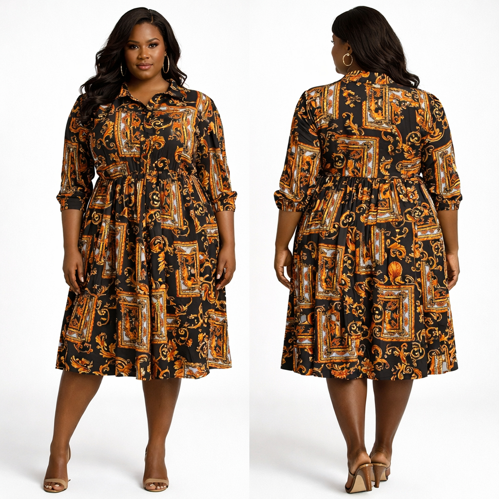 Black Baroque Print Womens Knee Length Shirt Dress