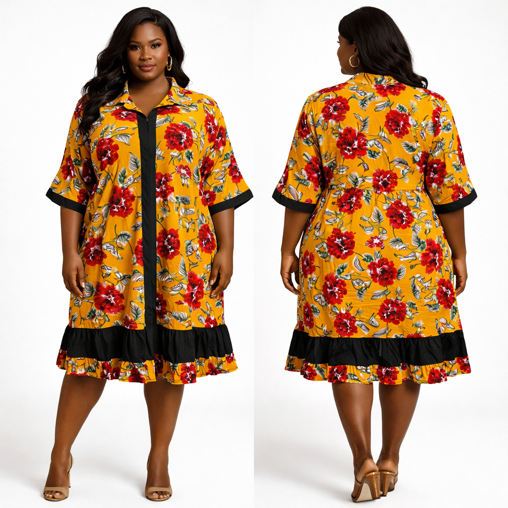 Yellow Floral Print Womens Knee Length Shirt Dress