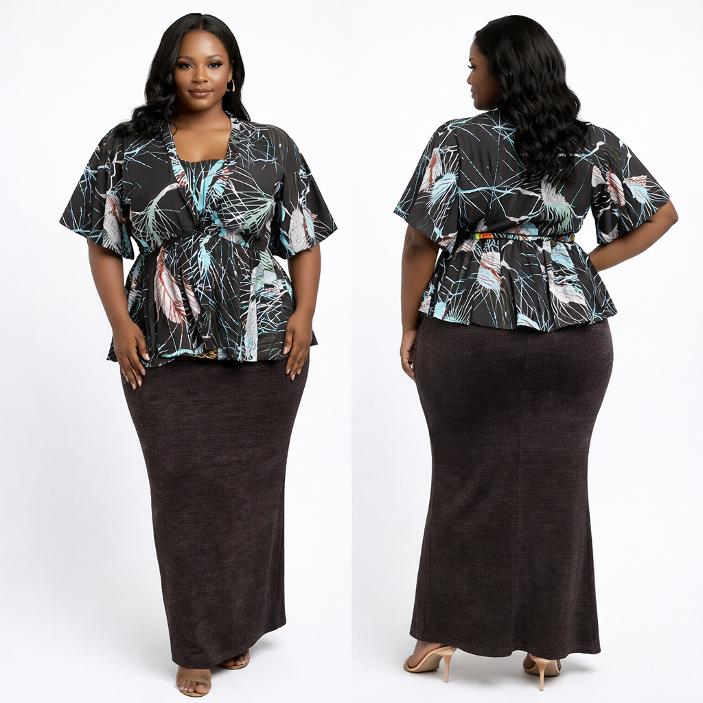 Black Abstract Print Womens Peplum Top with Brown Maxi Skirt Set