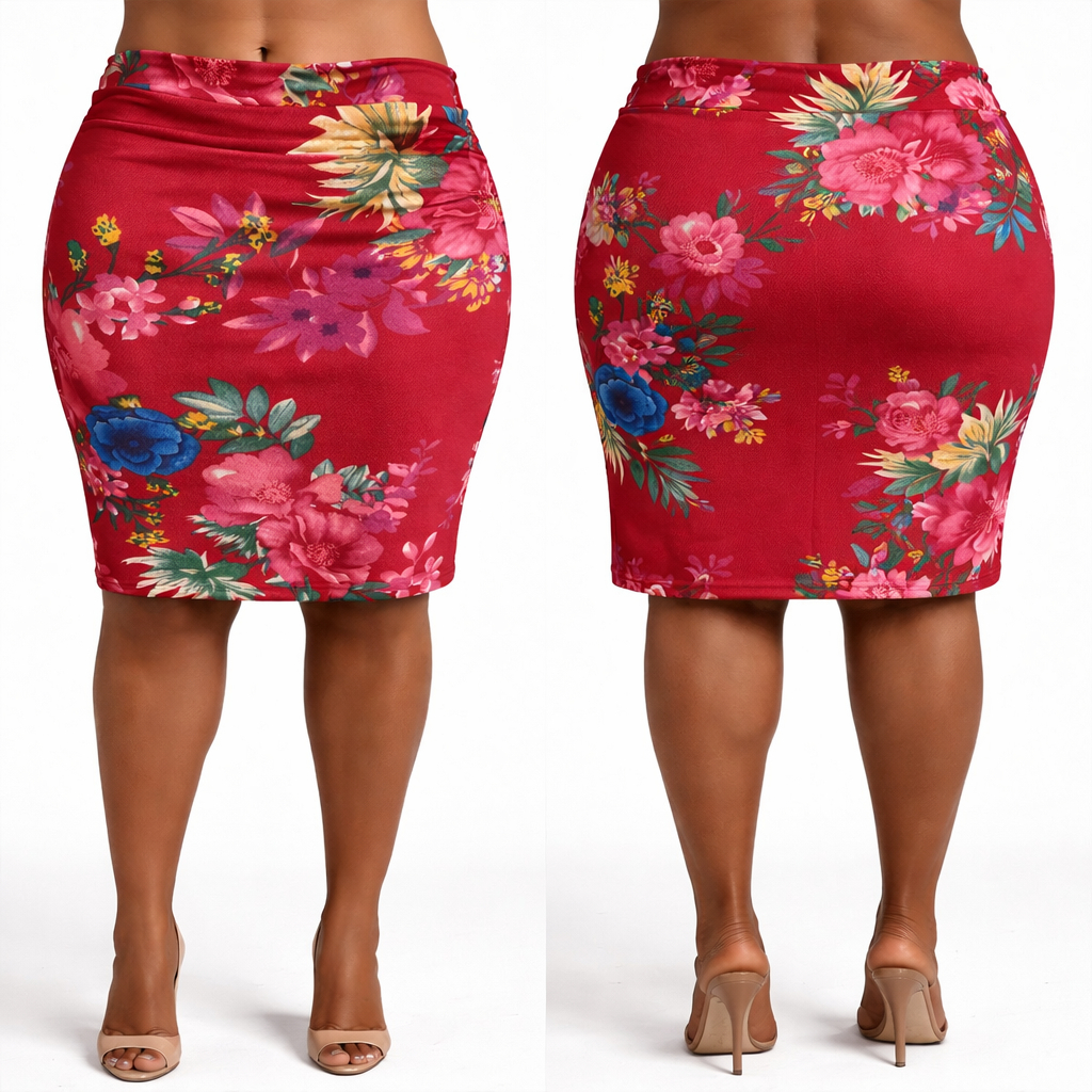 Red Floral Print Womens Knee Length Pencil Skirt