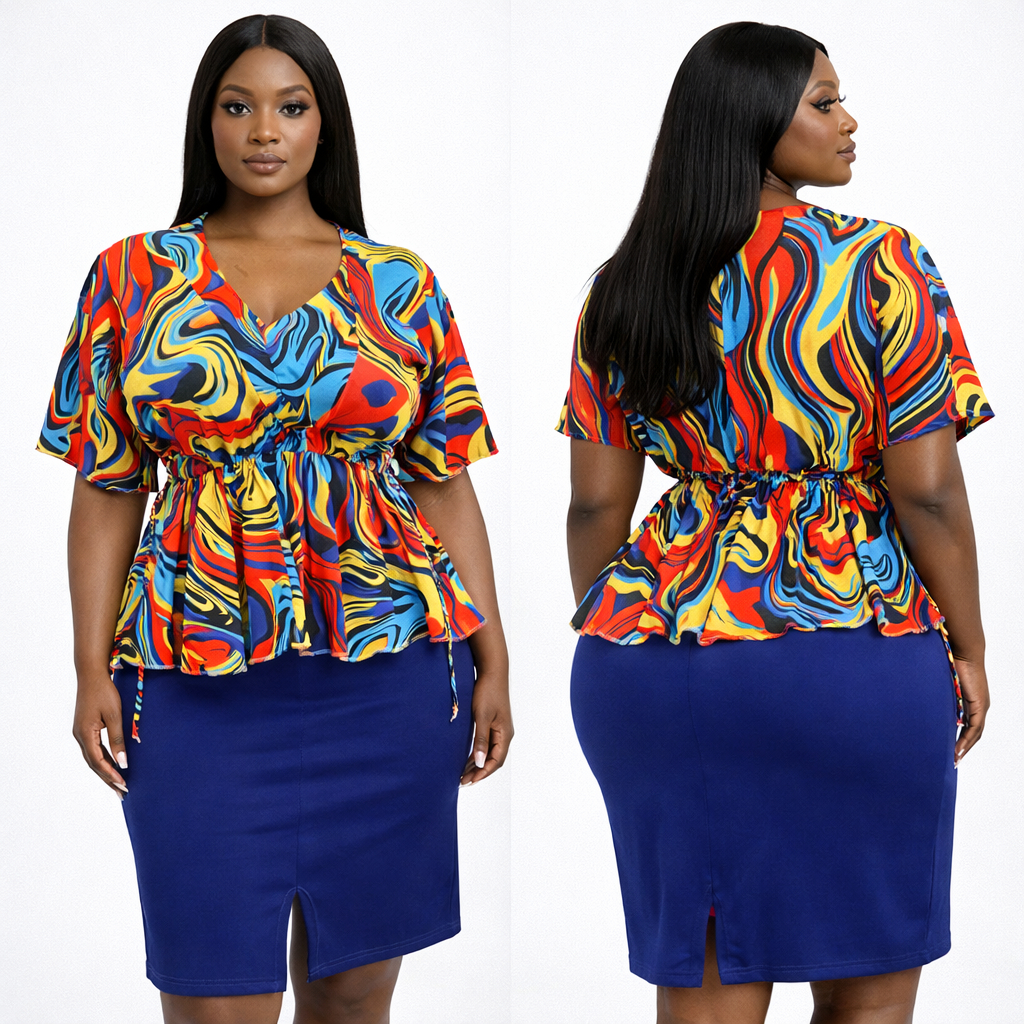 Multicolor Abstract Print Womens Peplum Top with Blue Pencil Skirt