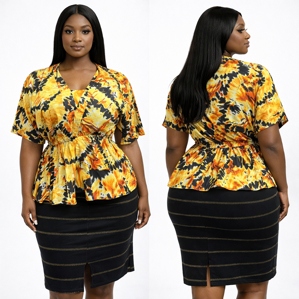 Women Yellow Tie Dye Print Peplum Top with Black Striped Pencil Skirt set