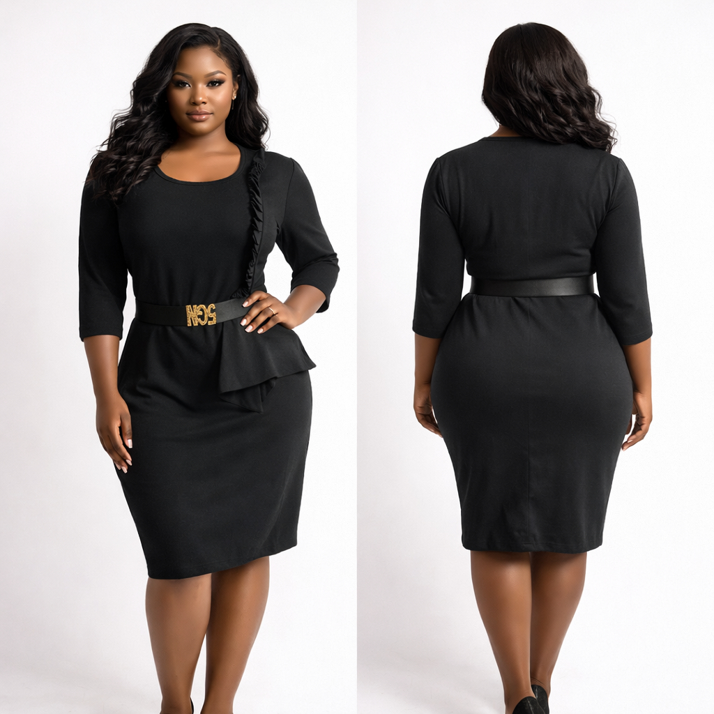 Black Ruffle Detail Peplum Midi Dress