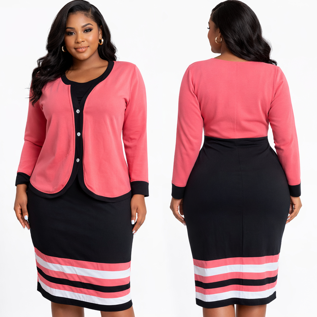 Coral and Black Two Piece Midi Dress with Button Cardigan