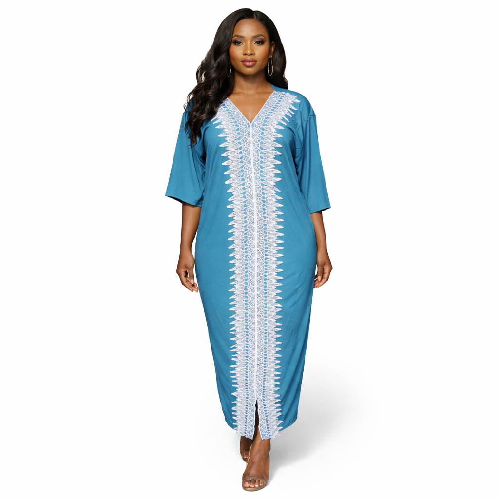 Ladies Teal Embroidered Kaftan Maxi Dress
