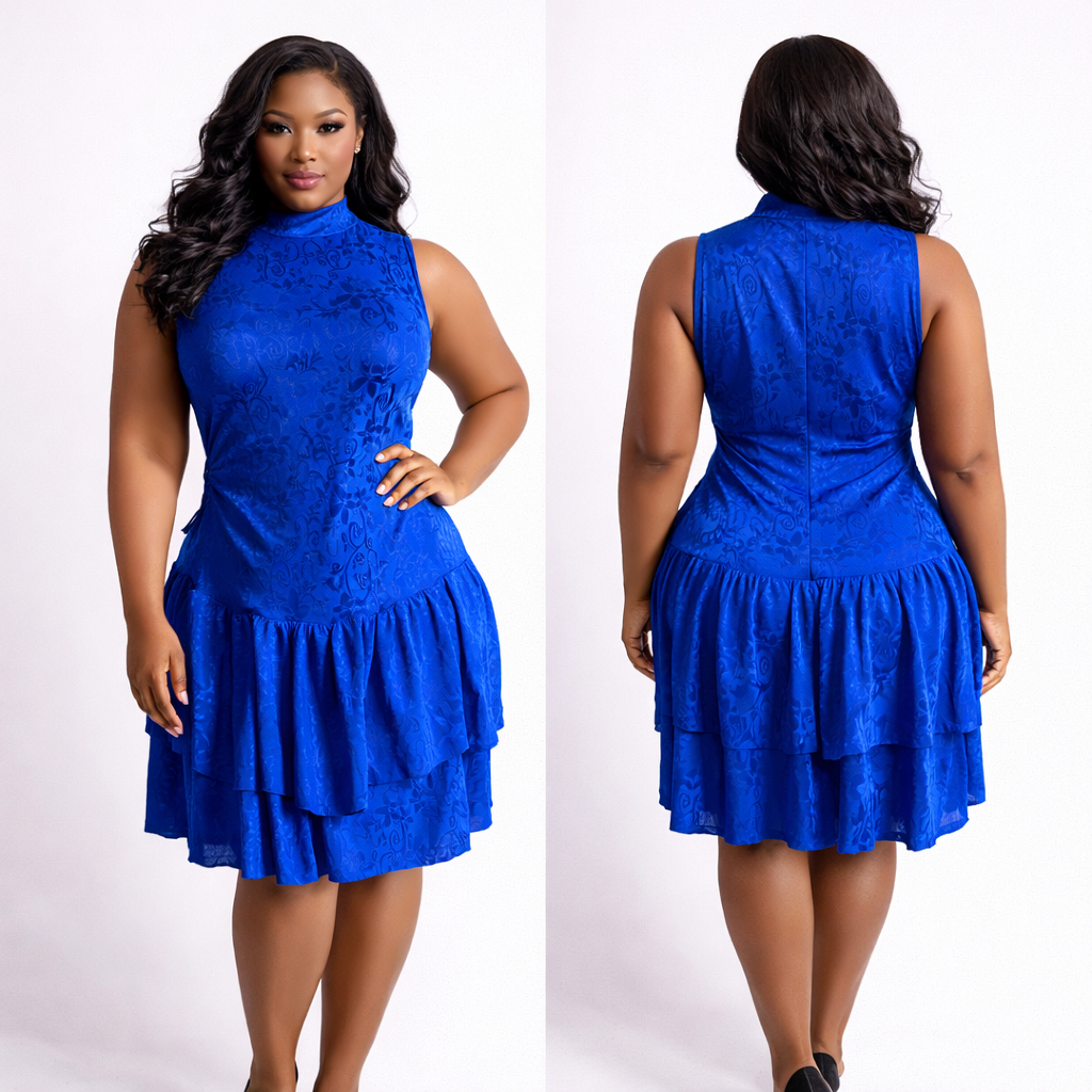 Royal Blue Jacquard Ruffle Hem Dress