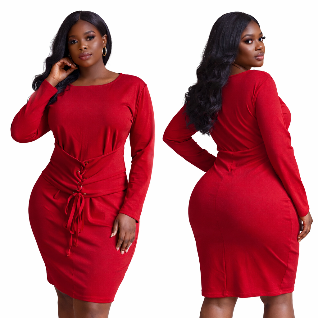 Quality Women Red  Long Sleeve Casual Midi Dress