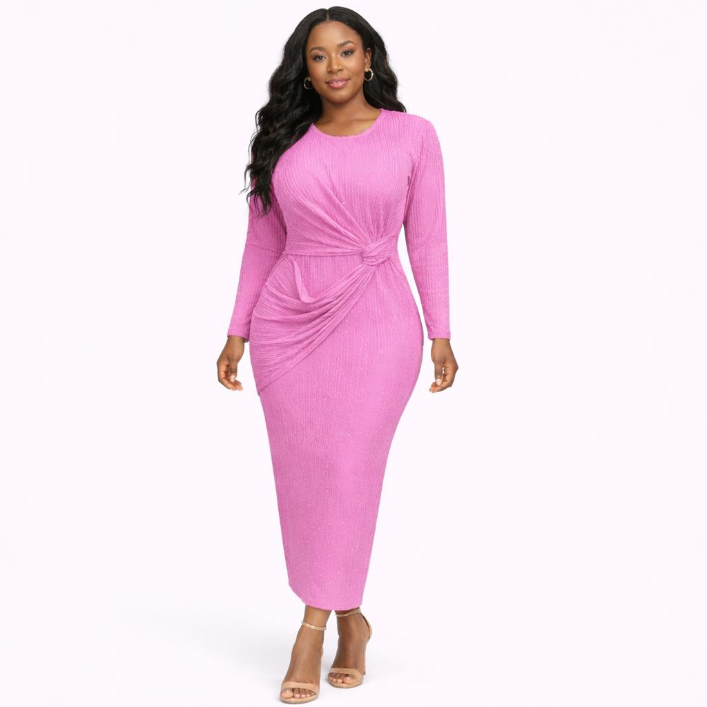 Elegant Pink Ruched Midi Bodycon Dress