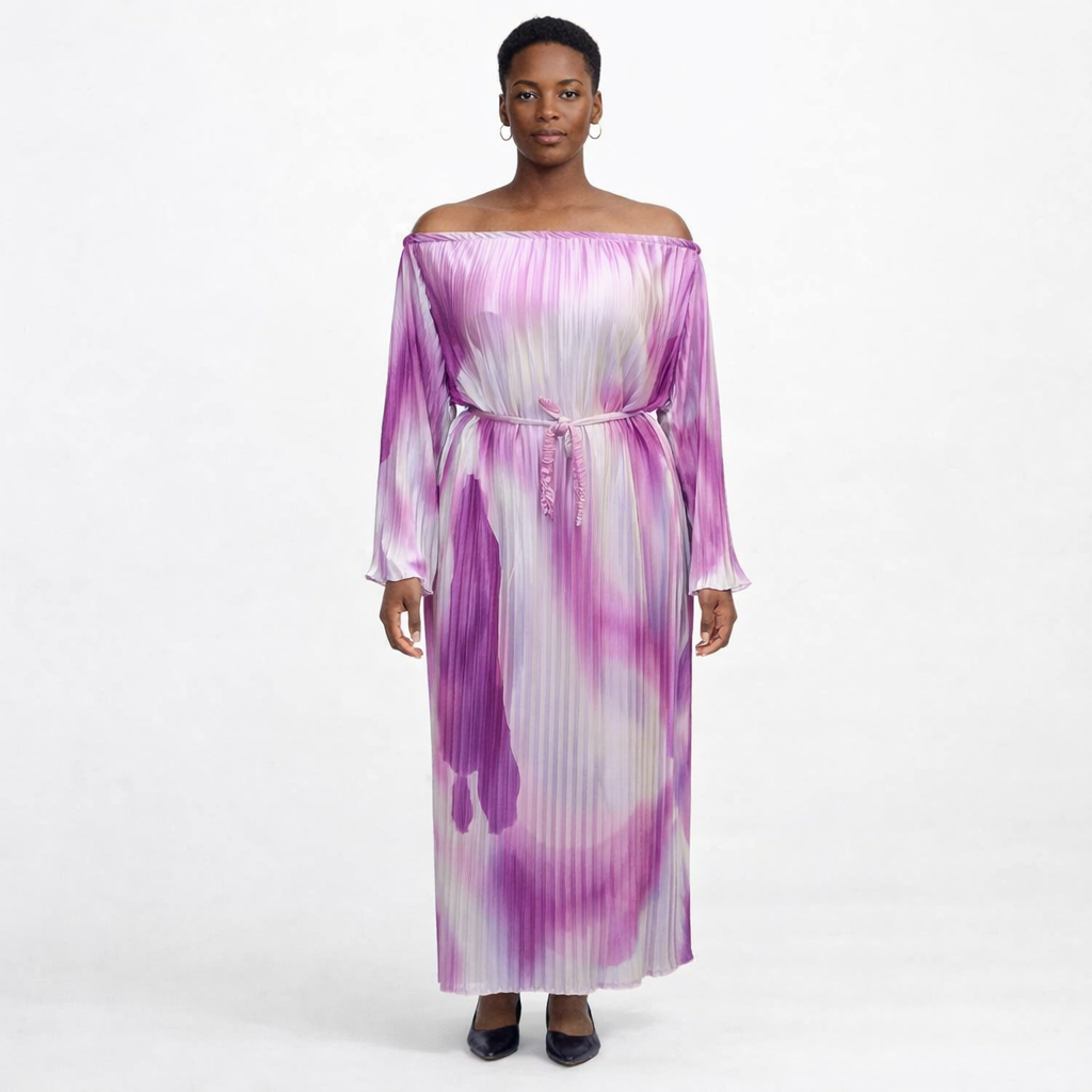 Elegant Women Off Shoulder Pleated Maxi Dress with Waist Tie