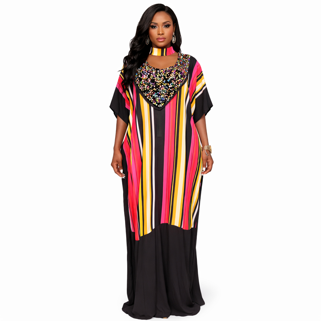 Multicolor Striped Kaftan Maxi Dress with Sequin Neck