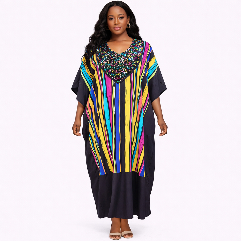 Multicolor Sequin Embellished Stripe Kaftan Maxi Dress