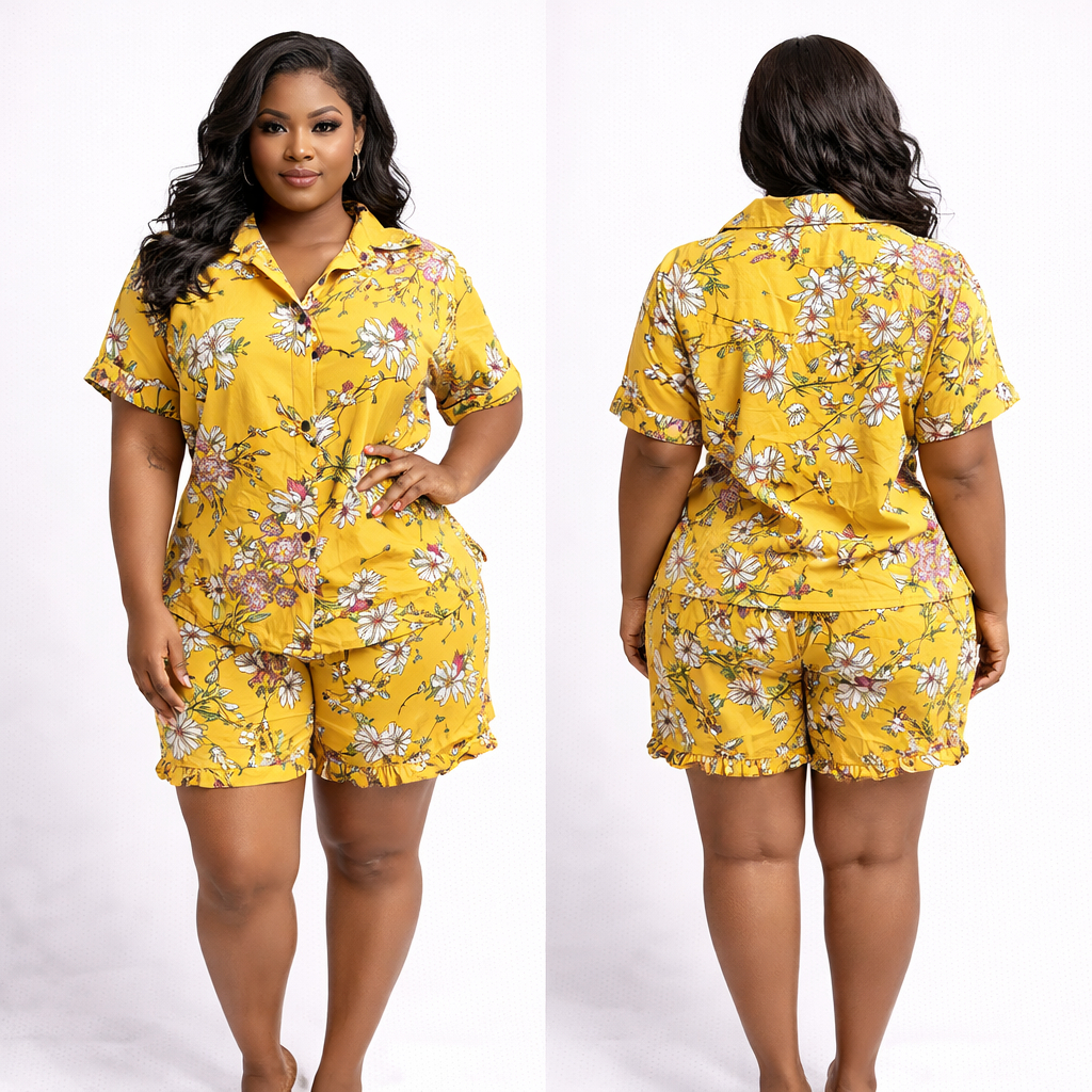 Womens Yellow Floral Shirt and Shorts Set