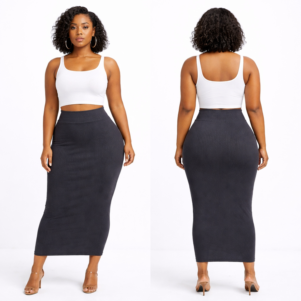 Charcoal Ribbed High Waist Midi Skirt