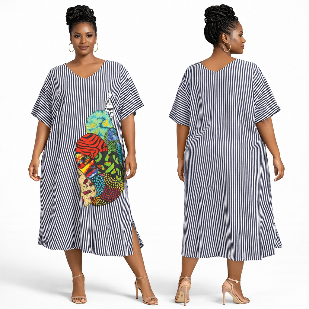 Women Black and White Striped Bubu Gown