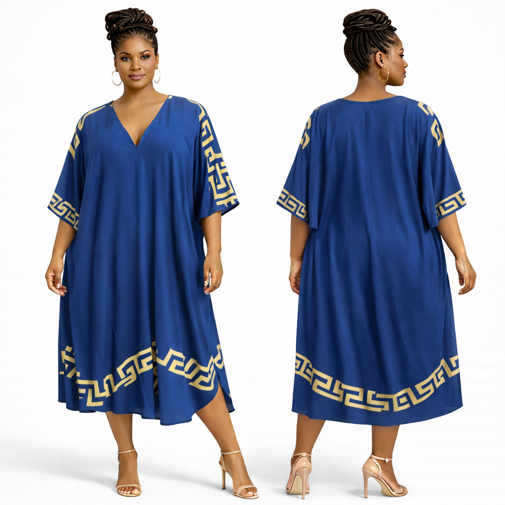 Women blue Greek  print bubu gown