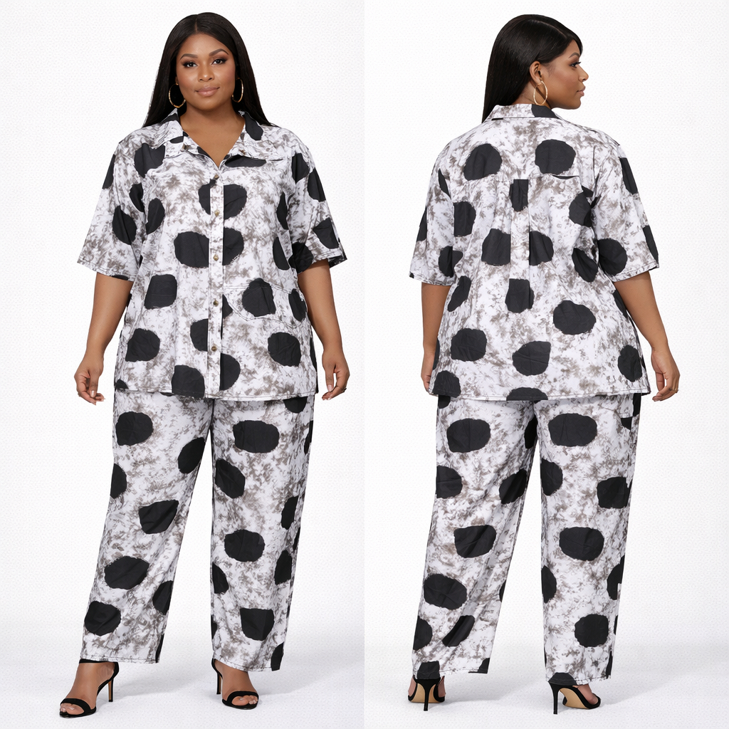 Women Black White Polka Dot Two Piece Outfit