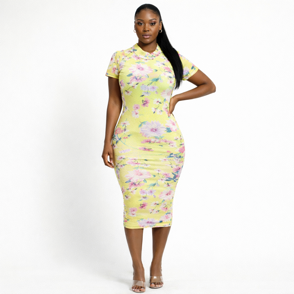 Yellow Floral Ribbed Bodycon Midi Dress