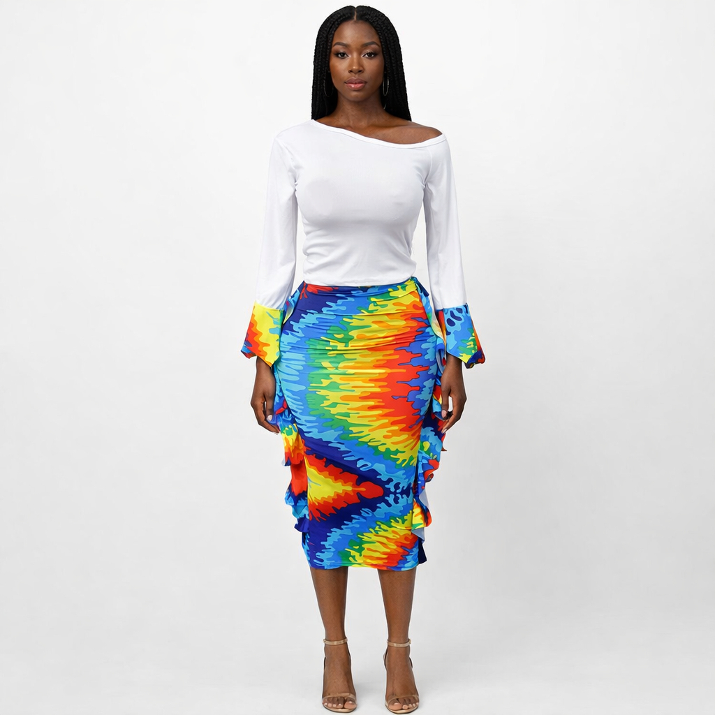 Vibrant Multicolor Ribbed Two Piece Skirt Set with Ruffle Detail