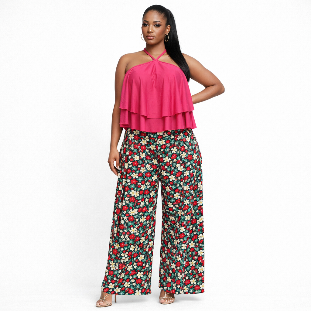 Chic Halter Layered Top & Floral Wide Leg Pants Two Piece Set
