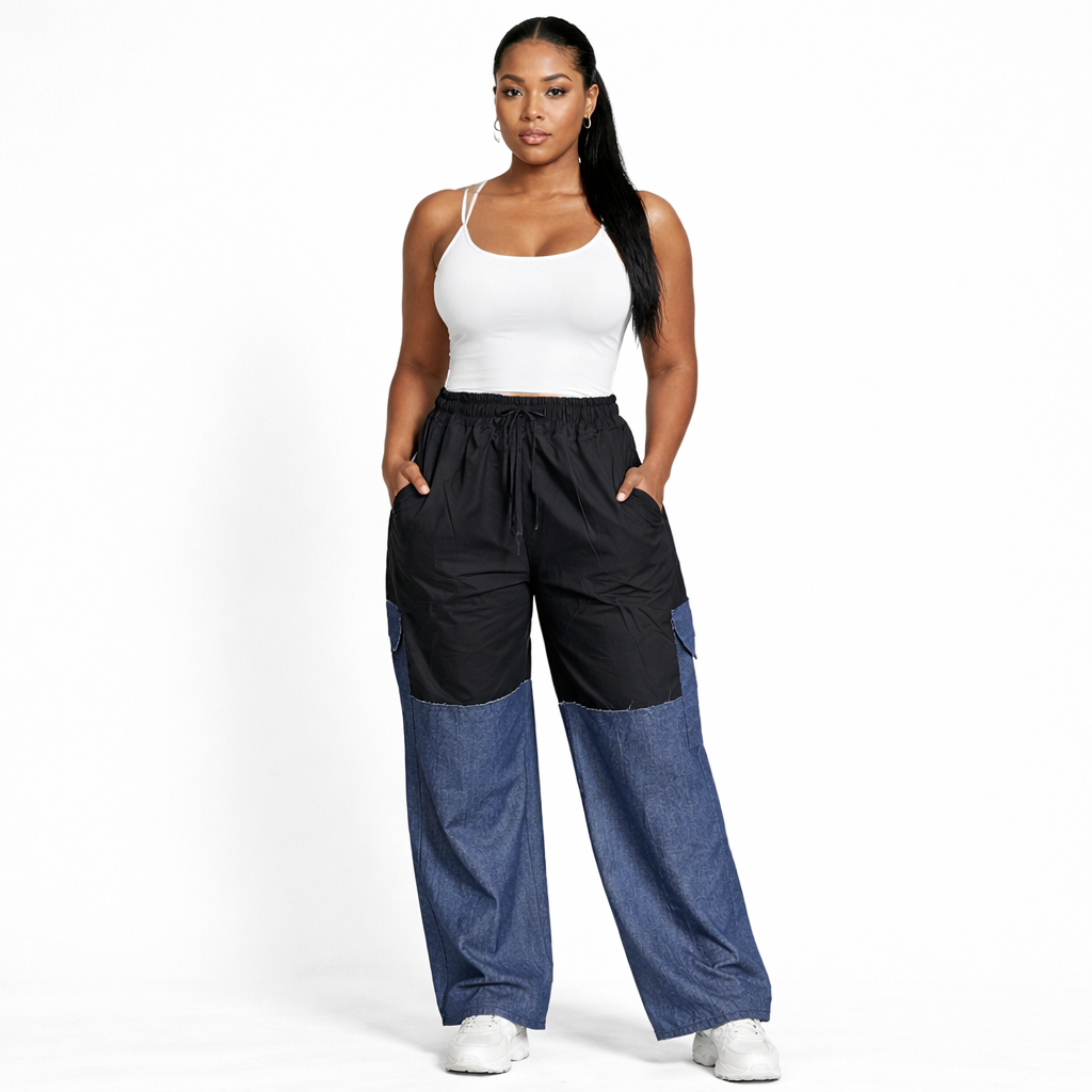 Two Tone Elastic Waist Wide Leg Cargo Trousers