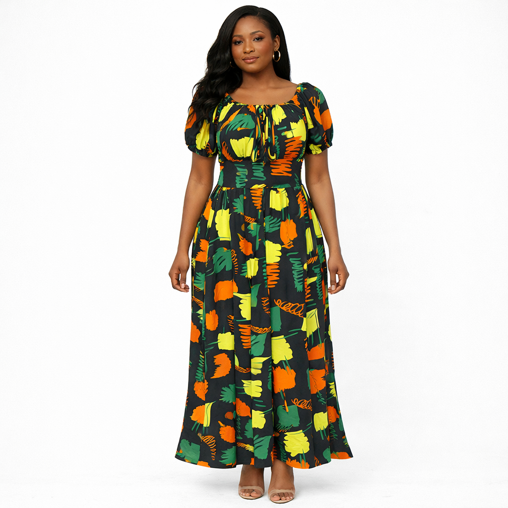 Abstract Print Puff Sleeve Maxi Dress