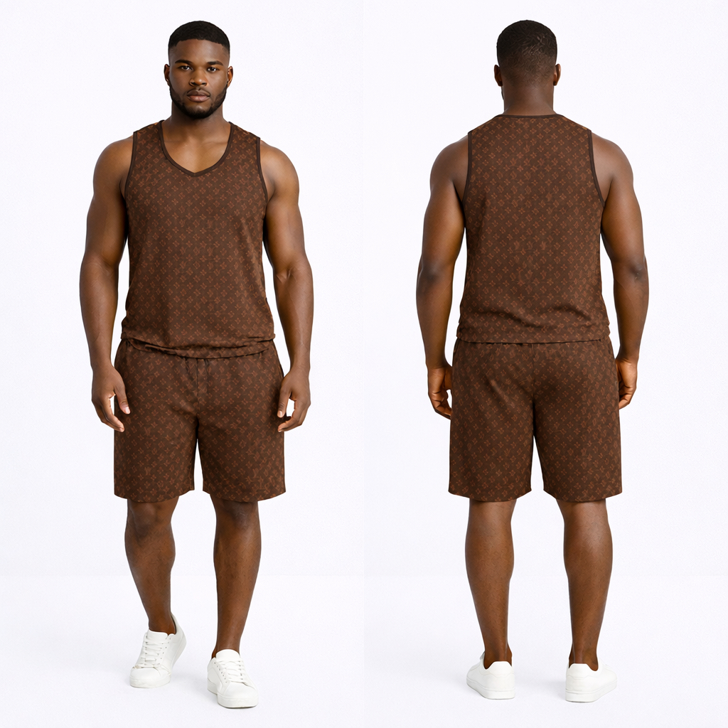 Brown Designer Print Mens Two Piece Short Set
