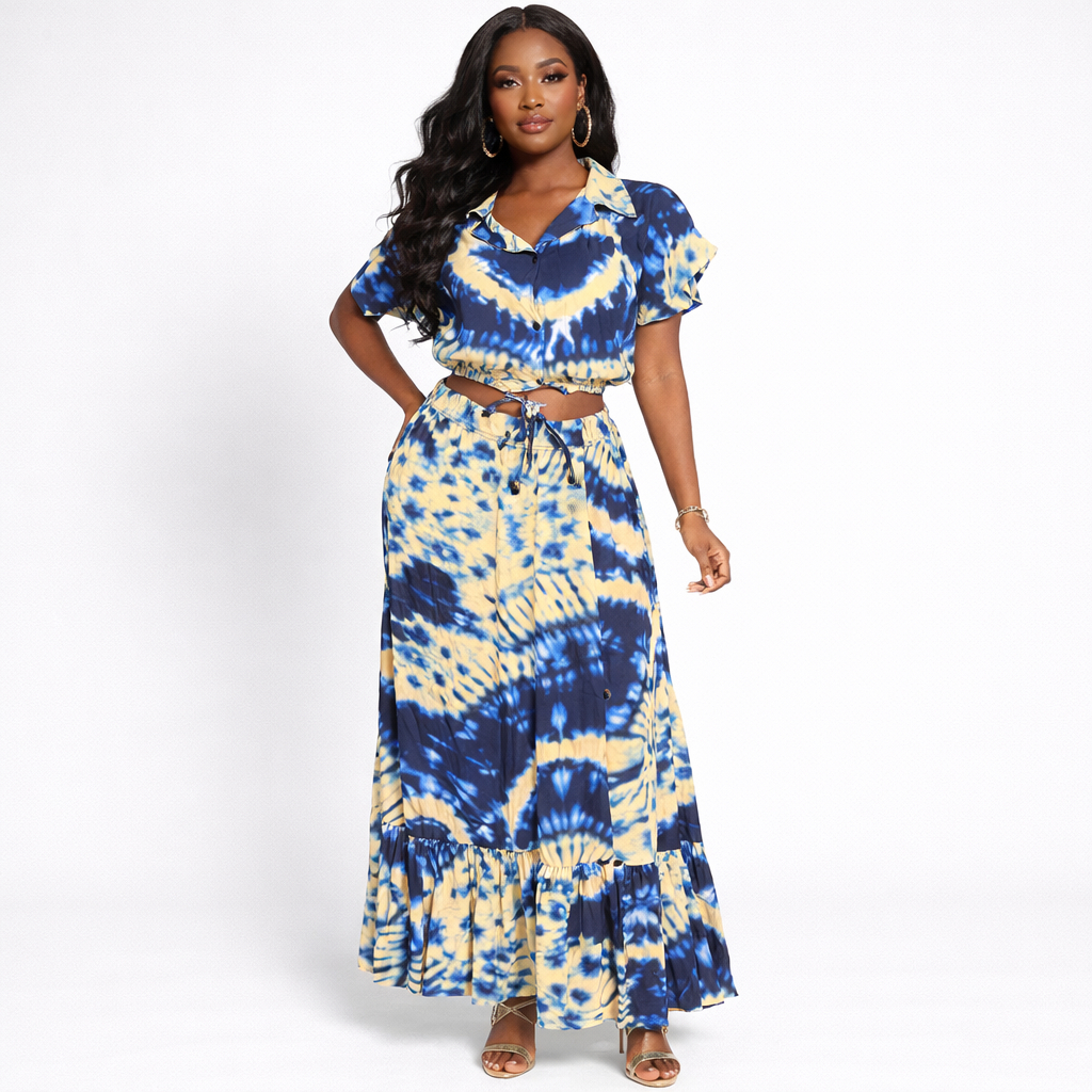 Blue and Cream Tie Dye Crop Top and Skirt Set