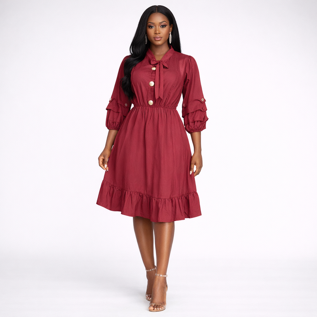 Womens Red Tie Neck Button Front Midi Dress