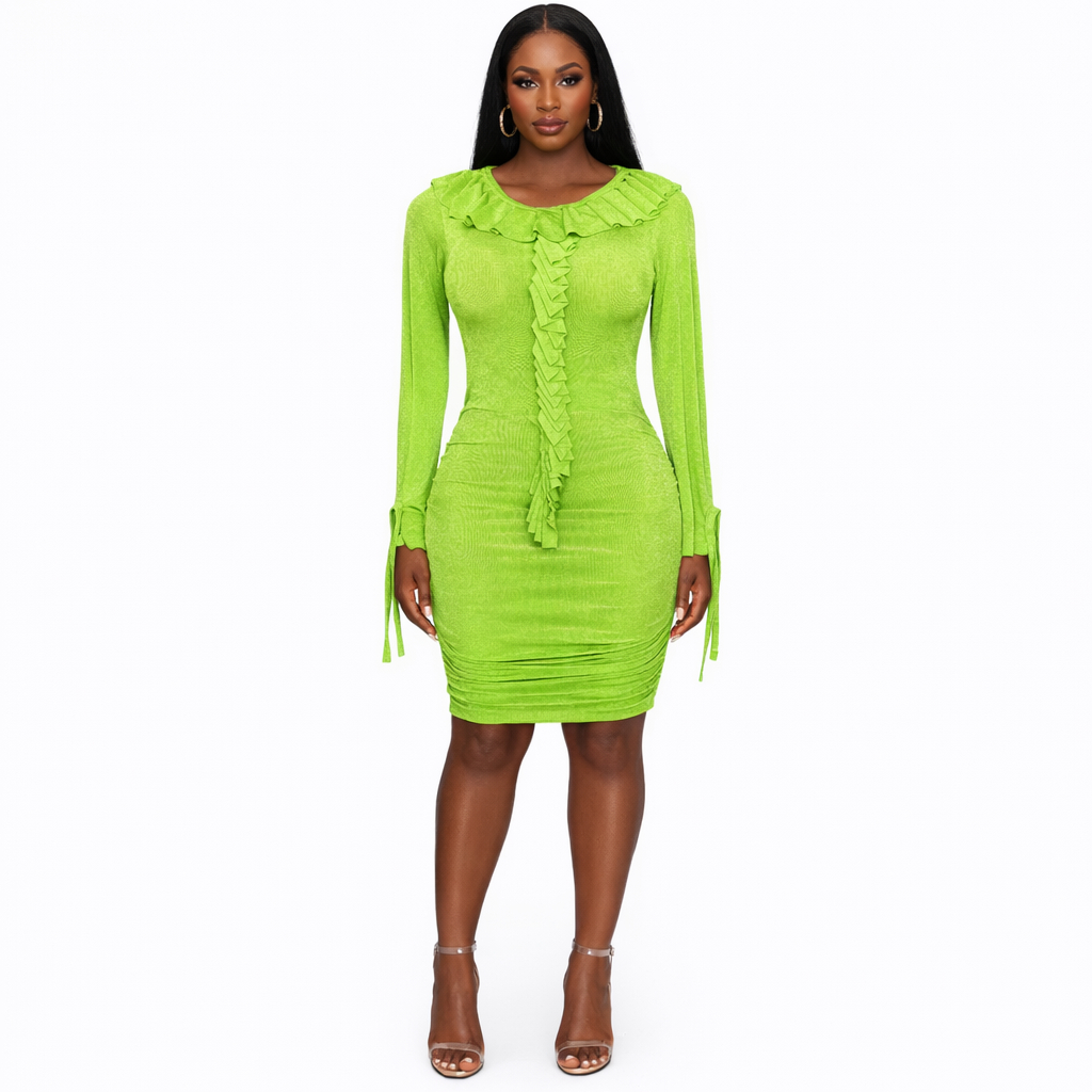 Lime Green Ruched Ruffle Long Sleeve Bodycon Dress