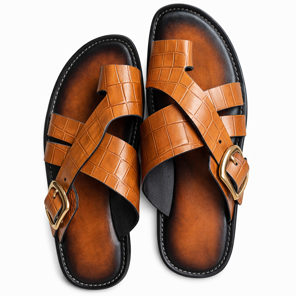 Mens Brown Leather Cross Strap Sandals